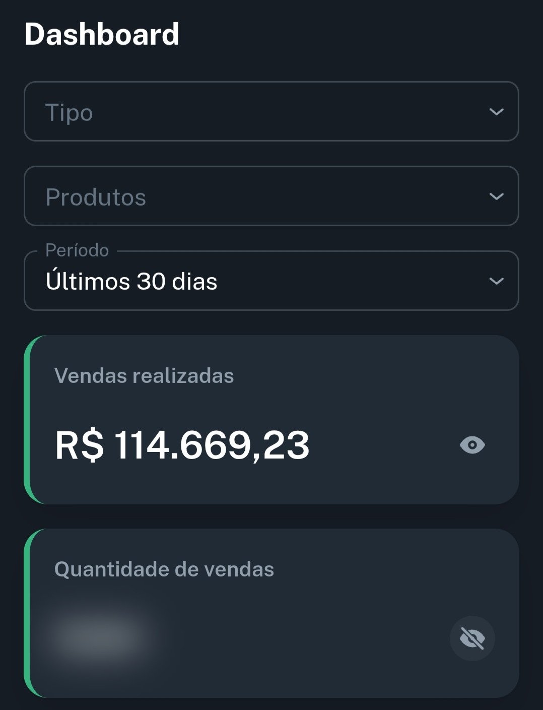 Painel de vendas mostrando R$ 114.669,23 em vendas realizadas nos últimos 30 dias