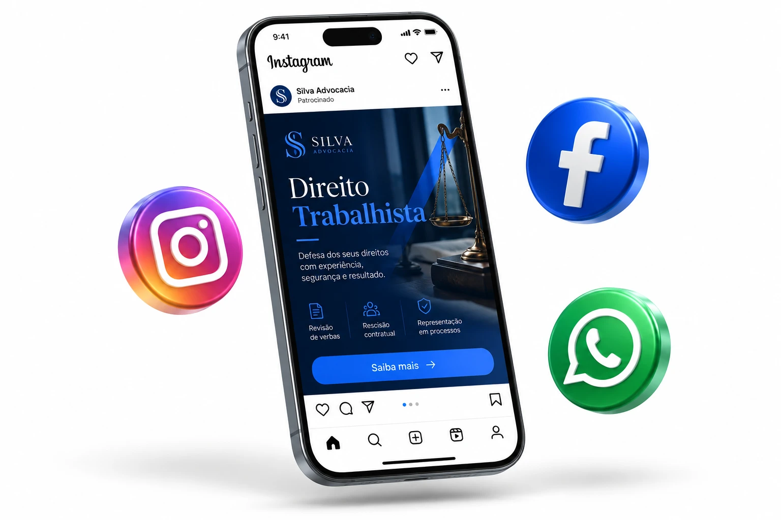 Celular com um anúncio de escritório no Instagram, cercado pelos ícones do Instagram, Facebook e WhatsApp