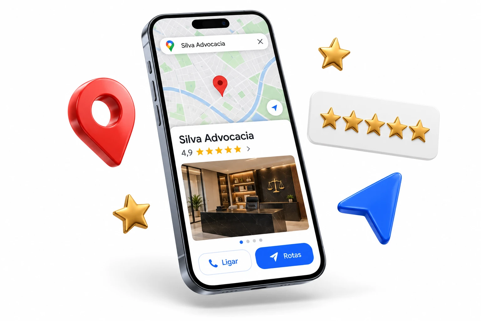 Celular com o perfil de um escritório de advocacia no Google Maps, com avaliações ao redor