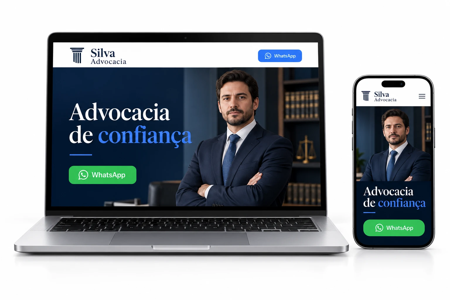 Notebook e celular mostrando o site de um escritório de advocacia com botão de WhatsApp
